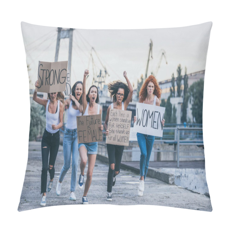 Personality  Emotional Multicultural Women Holding Placards And Running Outside  Pillow Covers