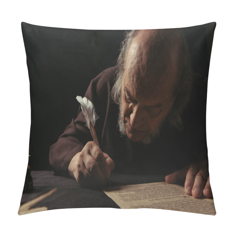 Personality  Medieval Chronicler Writing Manuscript With Feather Pen Isolated On Black Pillow Covers