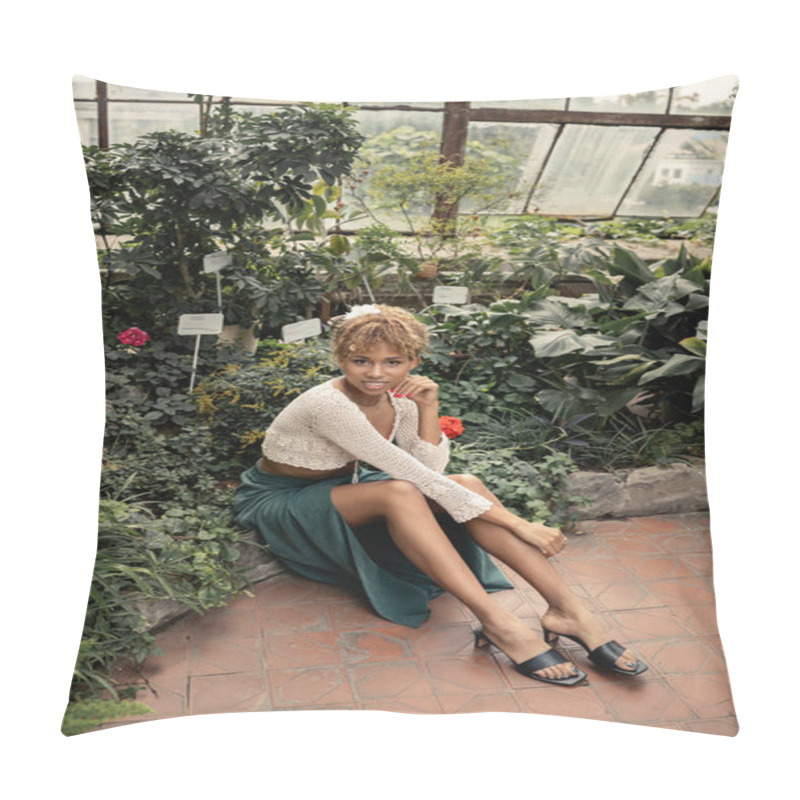 Personality  Smiling Young Woman In Summer Outfit Looking At Camera While Sitting Near Green Plants With Blooming Flowers At Background In Indoor Garden, Fashion-forward Lady In Midst Of Tropical Greenery Pillow Covers