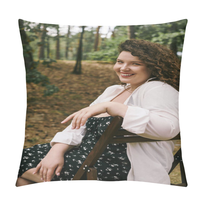 Personality  A Vibrant Plus Size Woman Smiles Warmly While Relaxing Outdoors Among The Tall Grass And Trees. Pillow Covers