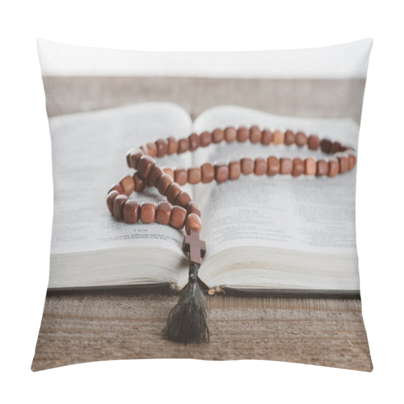 Personality  Close-up Shot Of Holy Bible With Beads On Wooden Table Pillow Covers