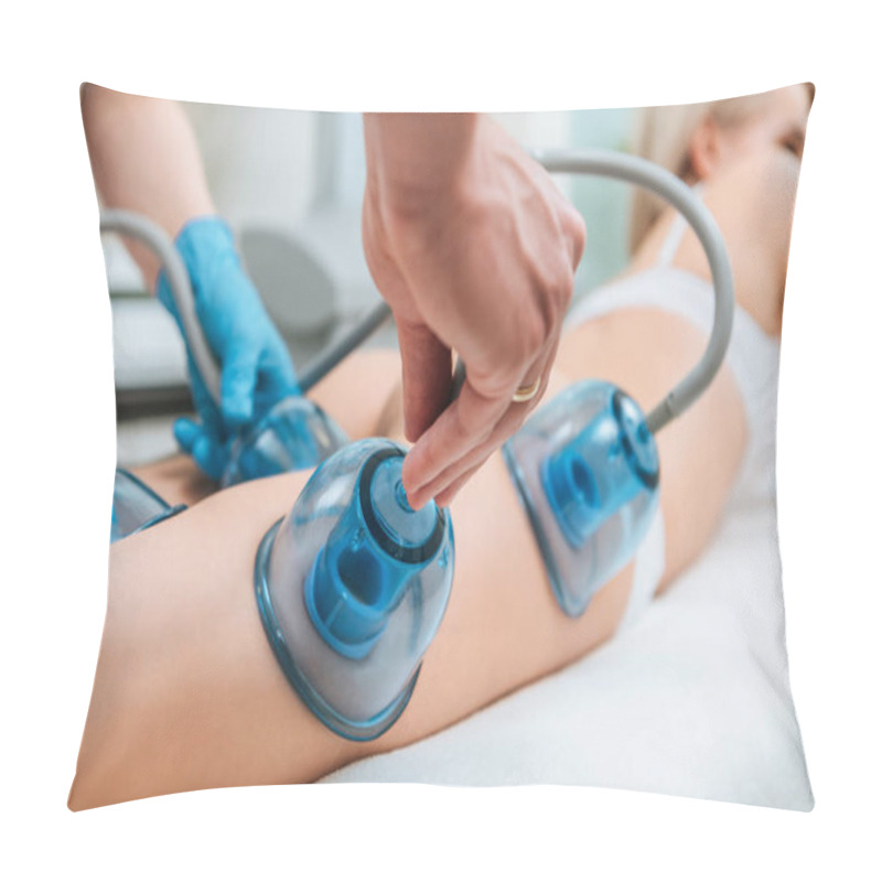 Personality  Cropped View Of Cosmetologist With Cupping Cups Doing Starvac Treatment Pillow Covers