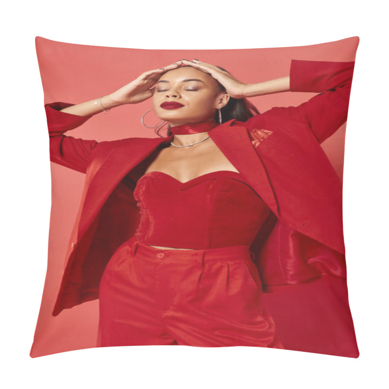 Personality  Attractive African American Woman With Ponytail Posing In Suit With Hand On Head On Red Backdrop Pillow Covers