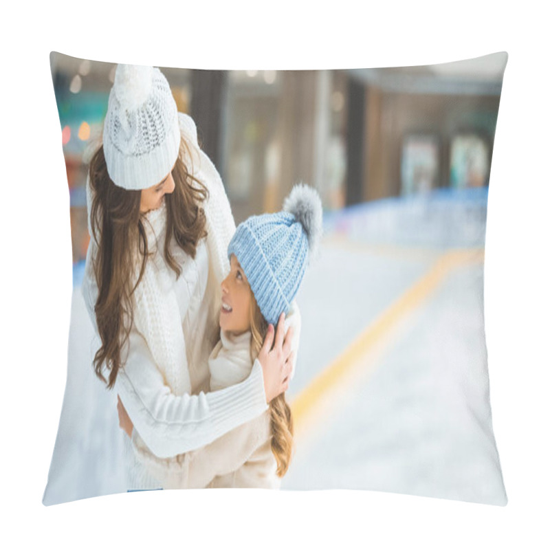 Personality  Portrait Of Mother And Daughter Hugging Each Other While Skating On Ice Rink Together Pillow Covers