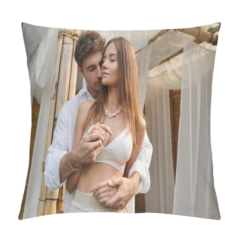 Personality  Tender Moment, Man With Closed Eyes Holding Hands Of Sensual And Tattooed Woman On Summer Vacation Pillow Covers