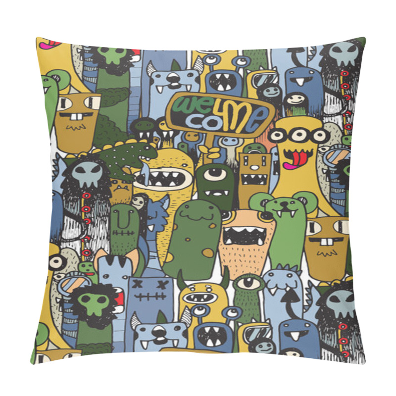 Personality  Seamless Pattern With Hand Drawn Crazy Doodle Monster City Pillow Covers