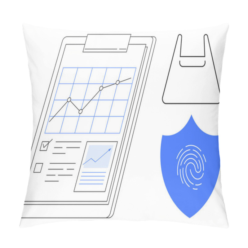 Personality  Clipboard With Graph And Documents, Shopping Bag Icon, Security Shield With Fingerprint. Ideal For Business Strategy, Data Security, Sustainability, Analytics, Audit Processes, Safeguarding Pillow Covers