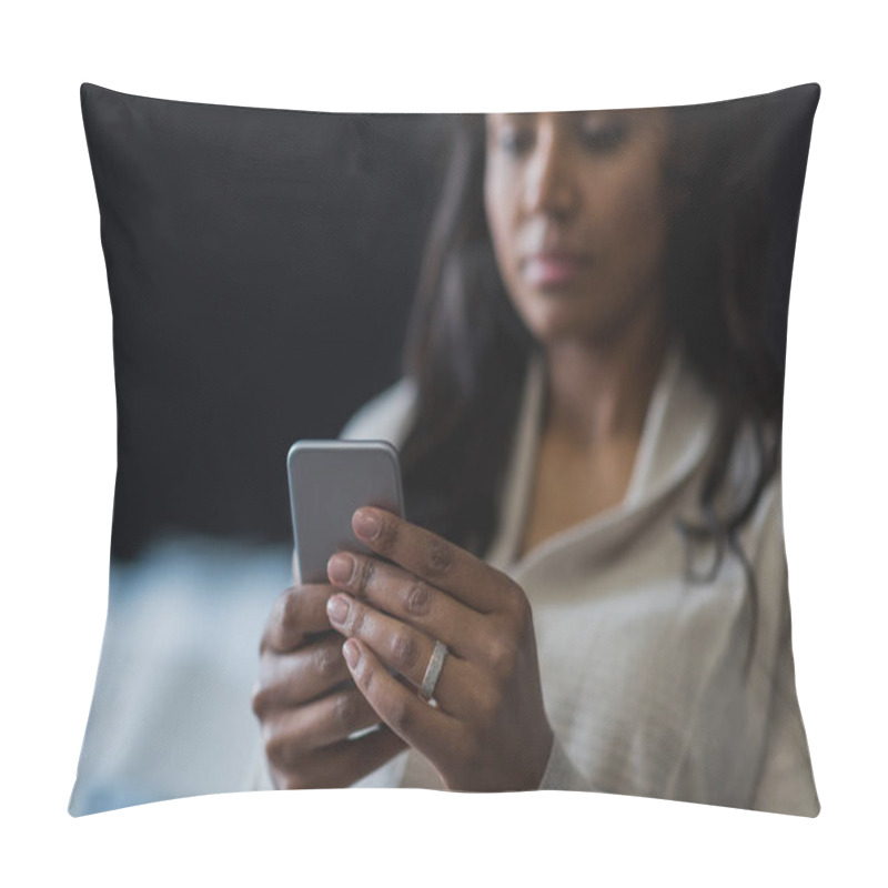 Personality  African American Woman Using Smartphone Pillow Covers