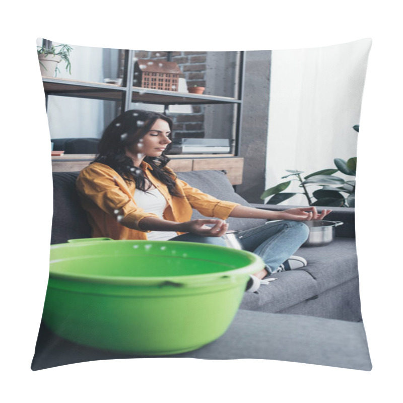 Personality  Relaxed Woman Sitting On Sofa In Yoga Pose  Pillow Covers