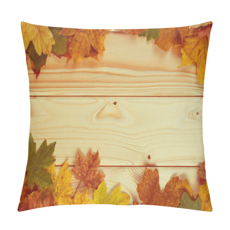 Personality  Autumn Maple Leaves Over Wooden Background With Copyspace Pillow Covers