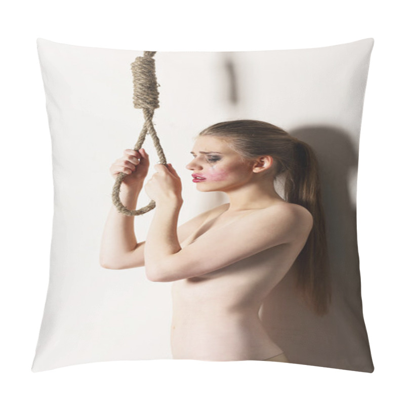 Personality  Fatality. Suicide. Whimsical Woman Holding Knot Of Rope Pillow Covers