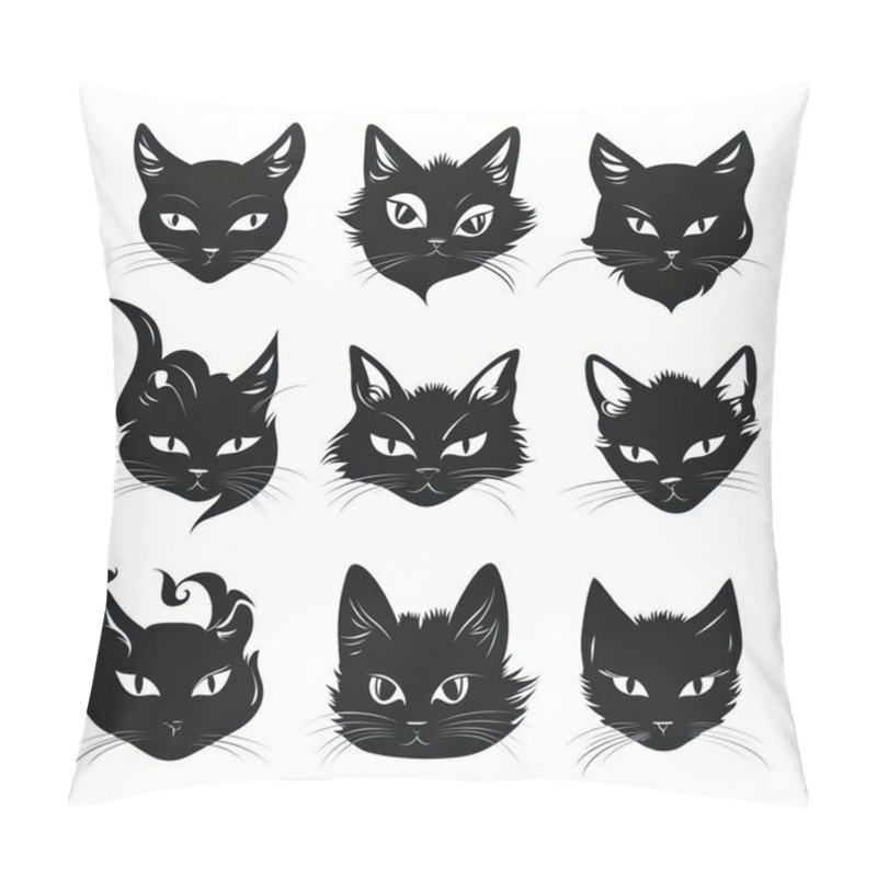 Personality  A Grid Of Nine Distinct And Expressive Black Cat Faces, Showcasing Various Emotions And Features. Pillow Covers