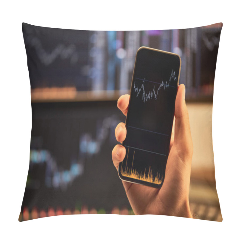 Personality  Cropped View Of Man Holding Smartphone With Graphs And Charts  Pillow Covers