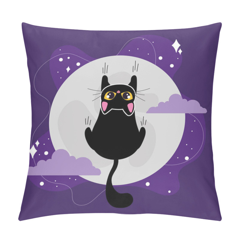 Personality  Curious Black Cat Climbing In Front Of A Full Moon With Clouds And Stars, Vector Illustration Pillow Covers