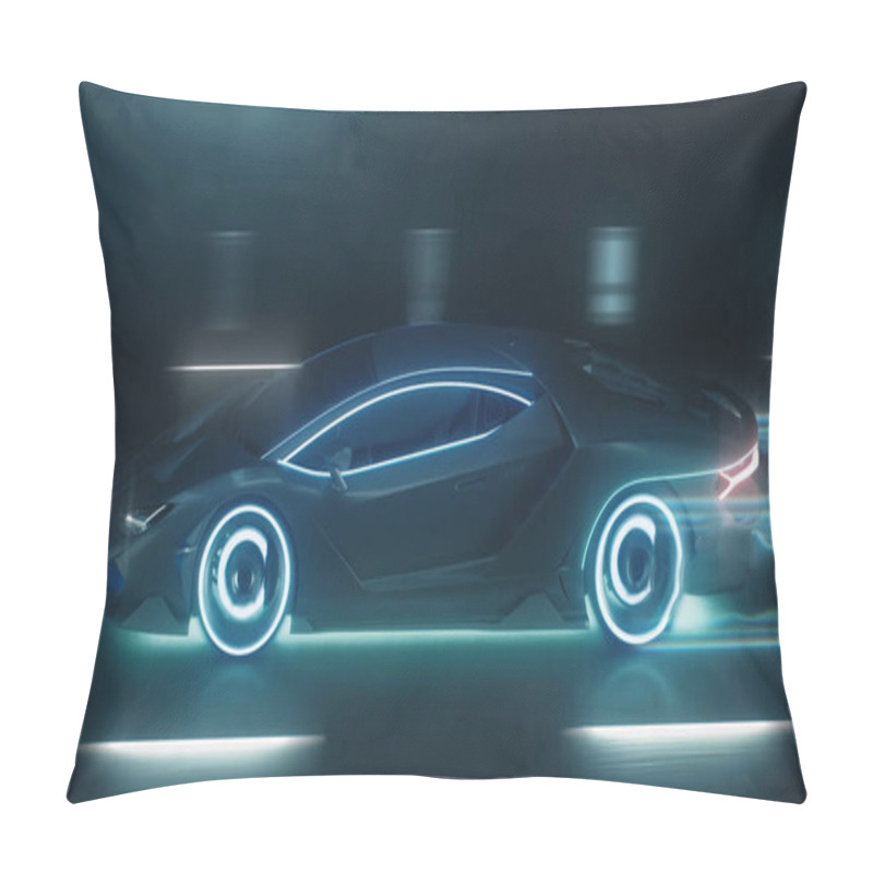 Personality  3d Render Sports Cyber Neon Car Rushes On The Night Road With Neon Lights Pillow Covers