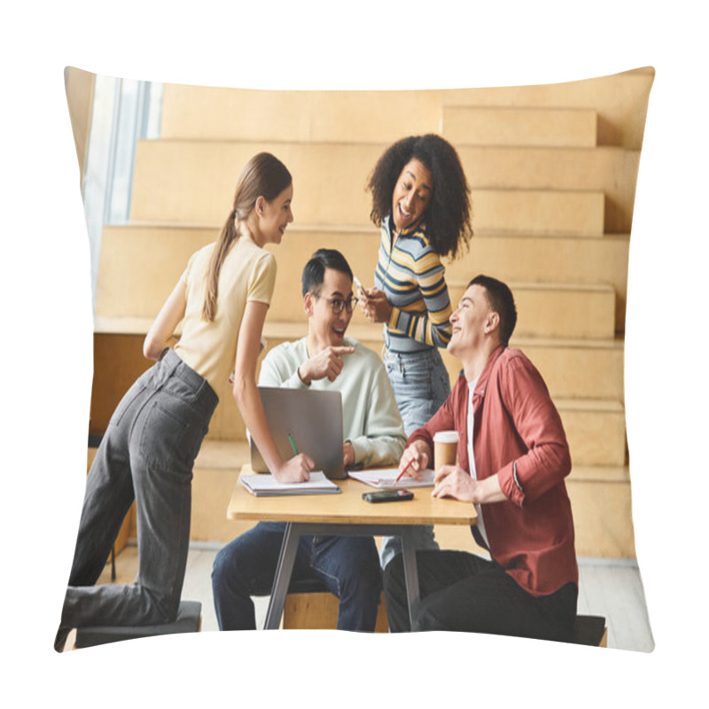 Personality  Students Of Various Backgrounds Sit Together At A Wooden Table, Engaged In Conversation And Teamwork. Pillow Covers