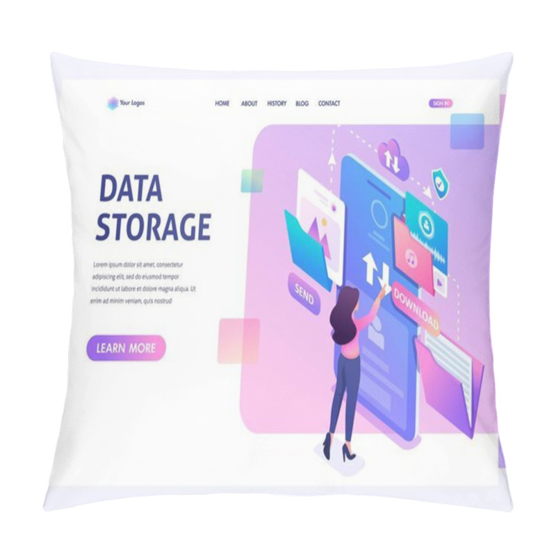 Personality  Young Girl Interacting With The Data Storage, Downloads And Uploads Files To The Cloud. Data Exchange Concept. 3d Isometric. Landing Page Concepts And Web Design Pillow Covers