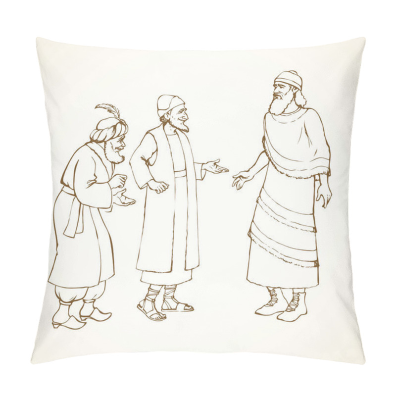 Personality  Aged Bearded Noble Chaldean In Middle East Sumer Semitic Aramean Biblical Attire: Linen Tunic With Fringes, Old Hat, Leather Boots With Laces. Outline Ink Hand Drawn Sketch In Vintage Engraving Style Pillow Covers