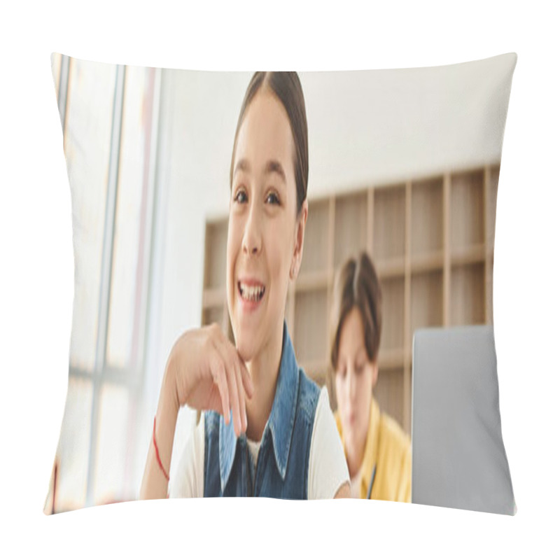 Personality  A Girl Sits In Front Of A Laptop Computer, Engaged In Online Work Or Communication. Pillow Covers