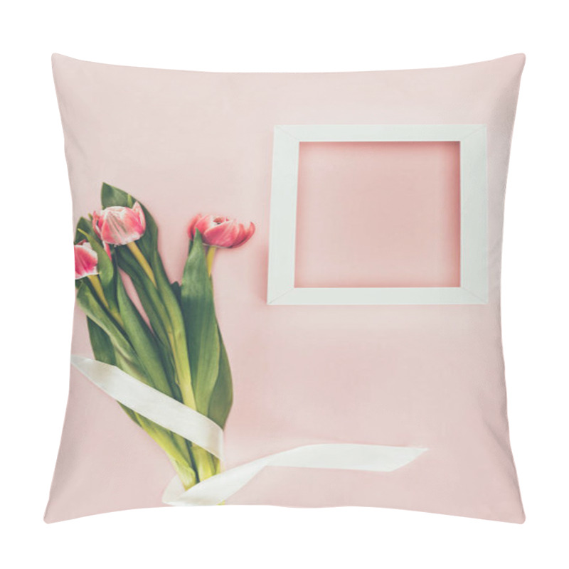 Personality  Bouquet Of Beautiful Pink Tulips With Ribbon And Empty White Frame On Pink  Pillow Covers