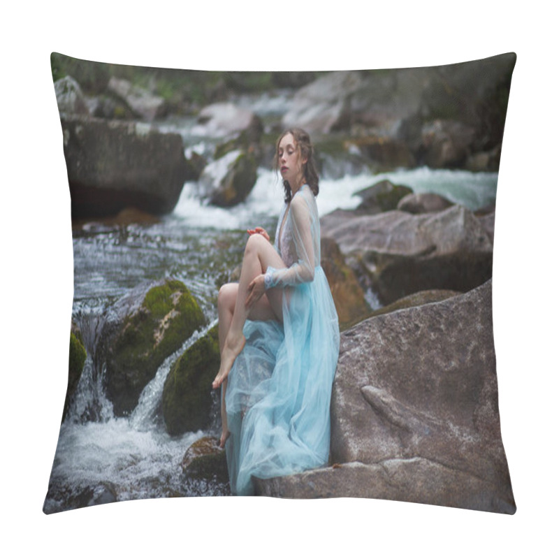 Personality  The Tale Of The Mermaid. Tale Of The River Nymph. Girl In A Blue Dress By The River. Photosession In Altai Pillow Covers