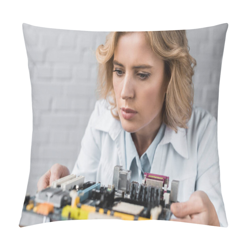 Personality  Close-up Portrait Of Female Computer Engineer Holding Motherboard Pillow Covers