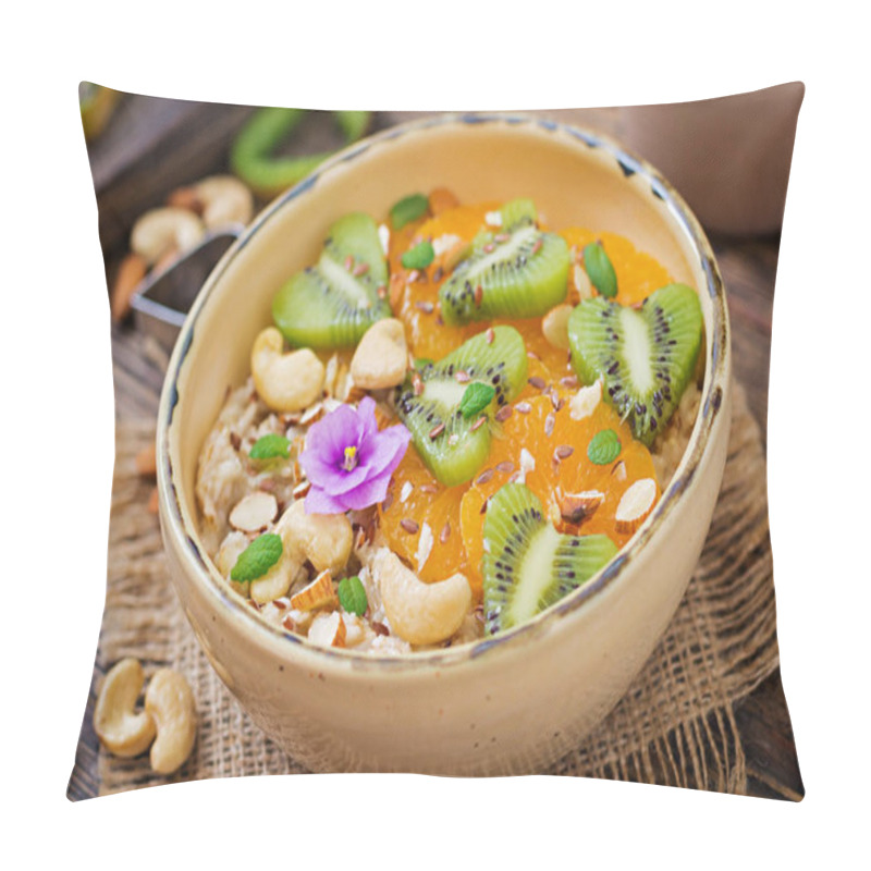 Personality  Tasty And Healthy Oatmeal Porridge With Fruits And Nuts. Healthy Breakfast. Fitness Food. Proper Nutrition. Top View Pillow Covers