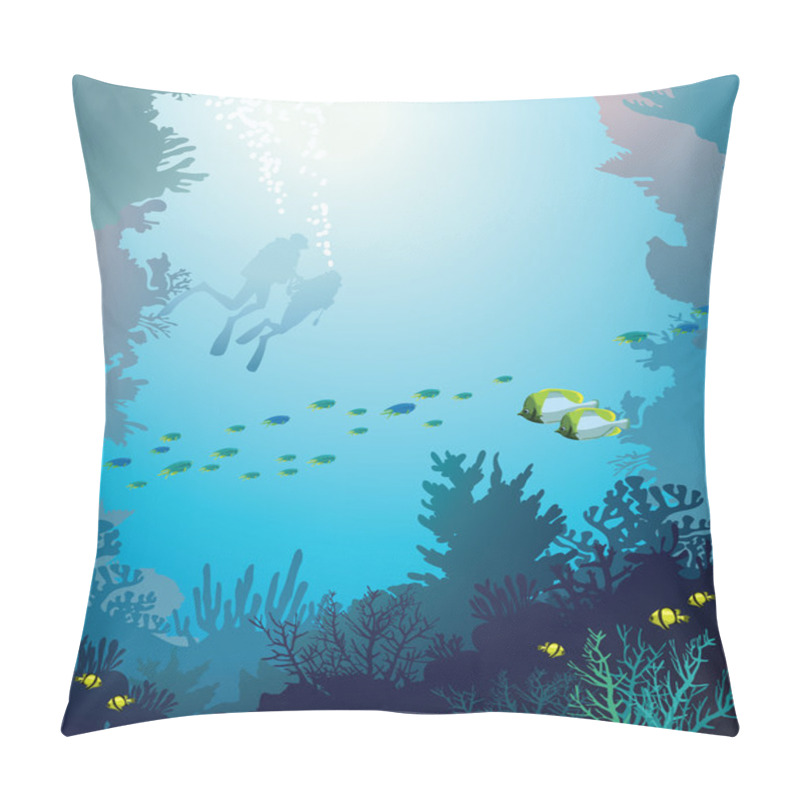 Personality  Coral Reef And Divers. Underwater. Pillow Covers