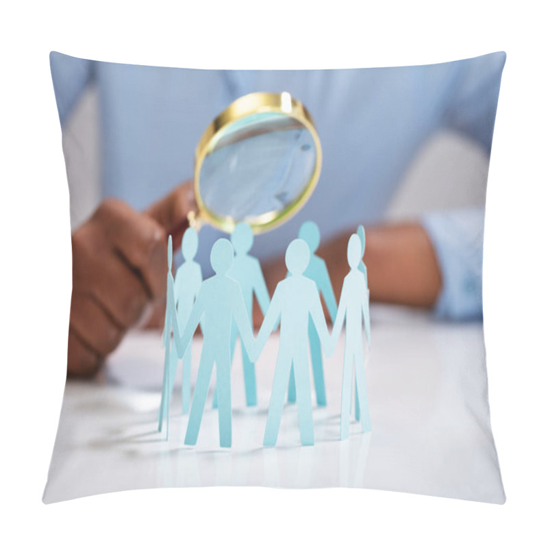 Personality  Close-up Of Businessperson Holding Magnifying Glass Over The Human Figures Forming Circle Pillow Covers