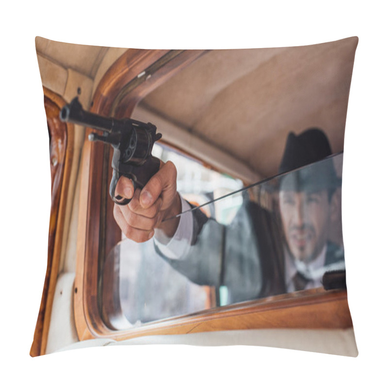 Personality  Selective Focus Of Gangster Aiming Gun With Outstretched Hand From Retro Car Pillow Covers