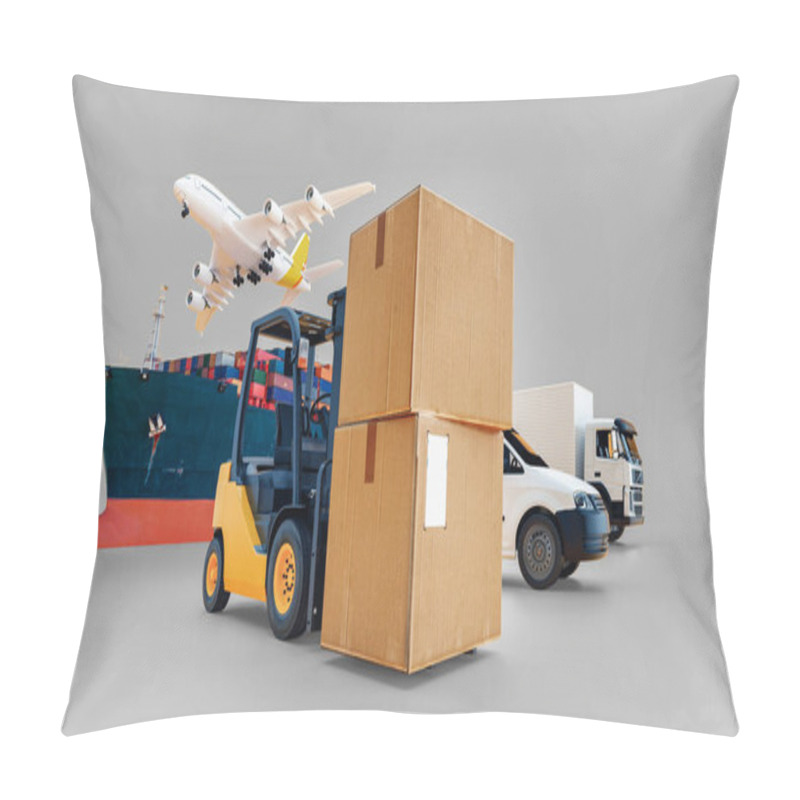 Personality  Global Business Of Container Cargo Freight Train For Logistic Import Export, Business Logistics Concept , Air Cargo Trucking  , Maritime Shipping , On-time Delivery. 3d Rendering. Pillow Covers