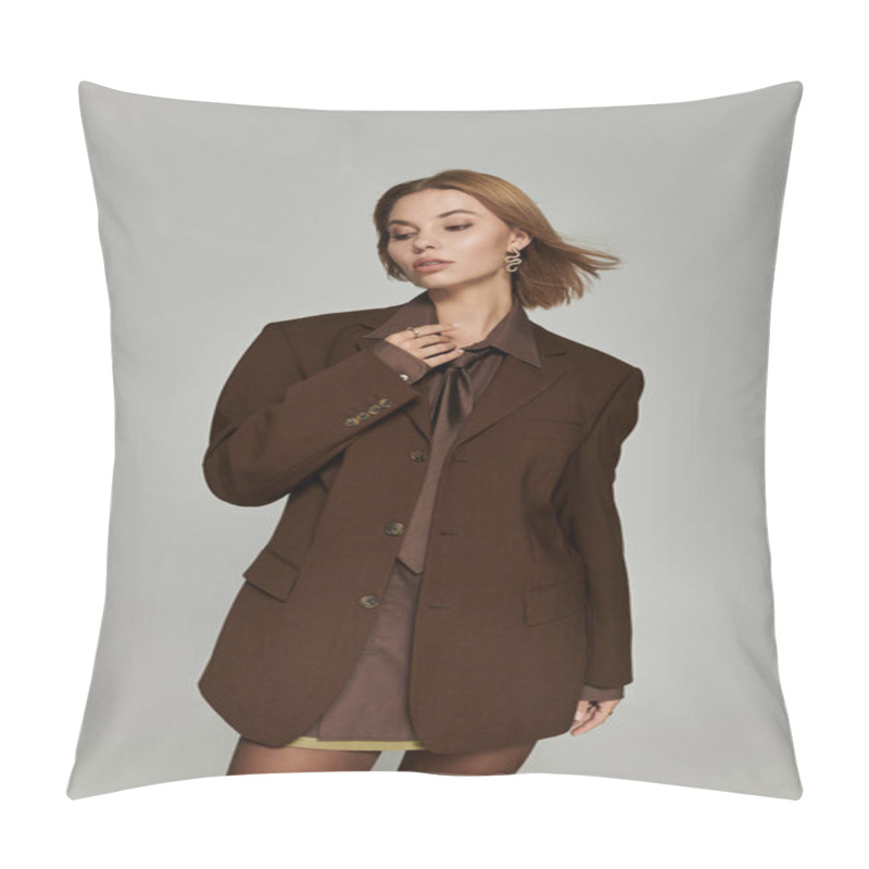 Personality  Stylish Blonde Woman In Brown Warm Clothing Posing Actively. Pillow Covers