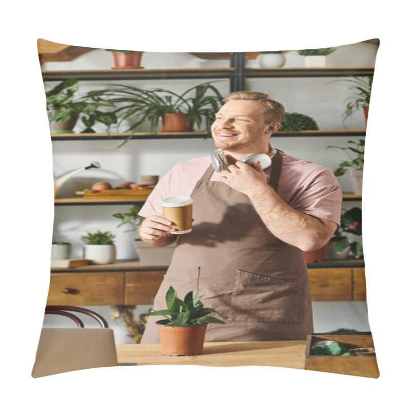 Personality  A Man In An Apron Is Holding A Cup Of Coffee In A Plant Shop, Showcasing The Essence Of Owning A Small Business. Pillow Covers