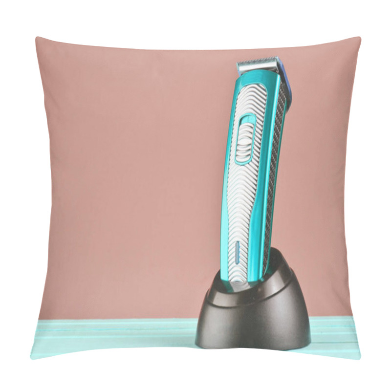 Personality  Wireless Clipper Stands On A Charging Station On A Pastel Background, Copy Spac Pillow Covers