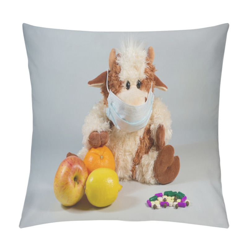 Personality  Children's Toy Bull In A Medical Mask With Healthy Fruits And Va Pillow Covers