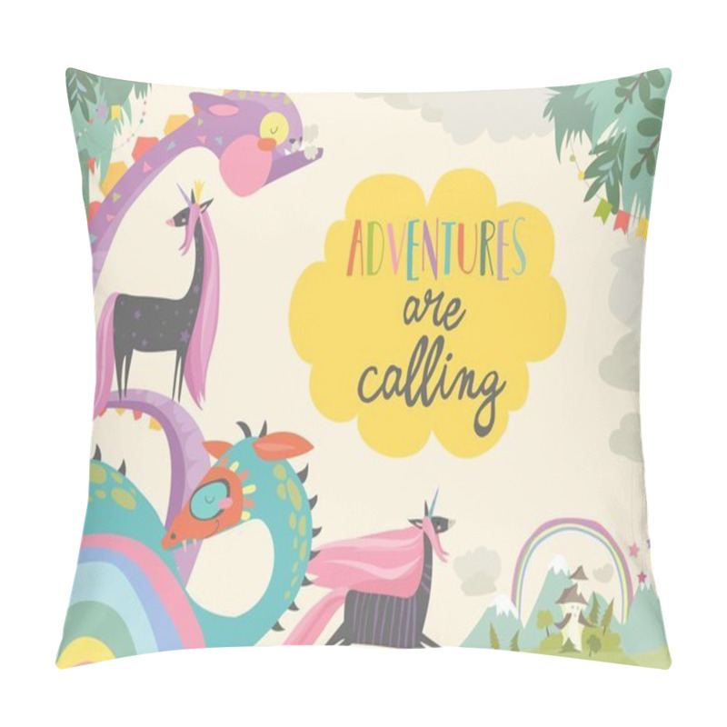 Personality  Cute Magic Frame Composed Of Unicorns And Dragons Pillow Covers