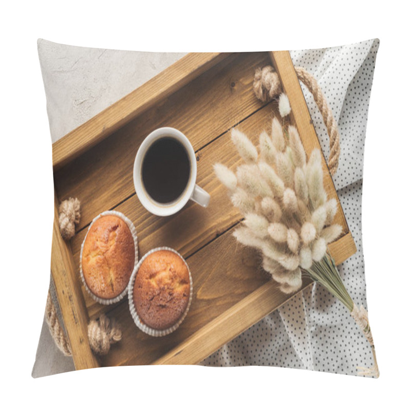 Personality  Top View Of Cup Of Coffee With Muffins And Lagurus Ovatus Bouquet On Concrete Surface Pillow Covers