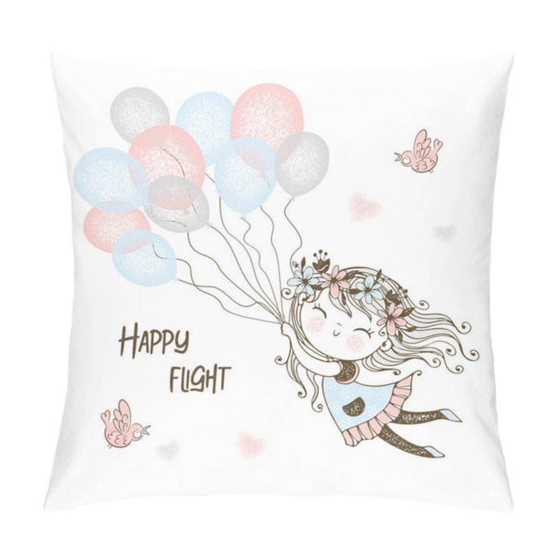 Personality  Cute Girl Flying Balloons. Vector. Pillow Covers