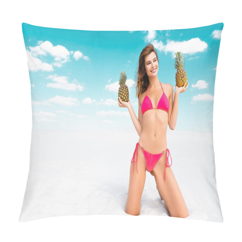 Personality  Smiling Beautiful Sexy Girl In Swimsuit With Pineapples On Sandy Beach With Blue Sky And Clouds Pillow Covers