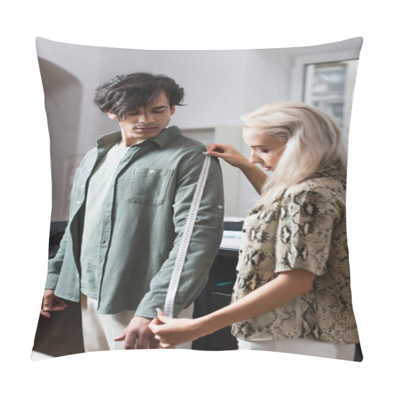 Personality  Young Man Near Blonde Designer Measuring Him In Atelier Pillow Covers