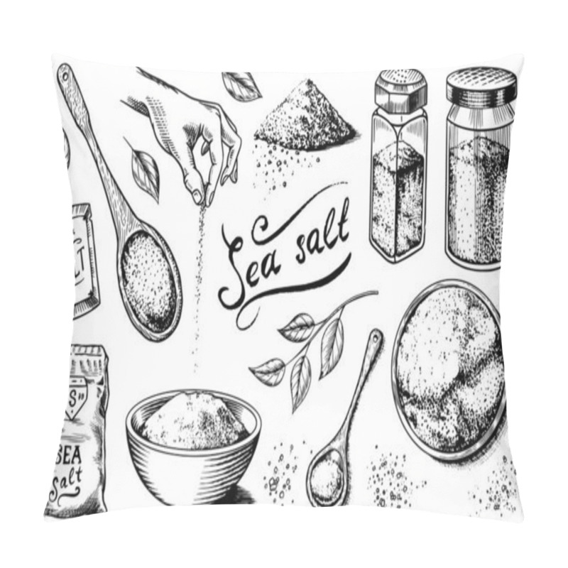 Personality  Sea Salt Set. Glass Bottles, Packaging And And Leaves, Wooden Spoons, Powdered Powder, Spice In The Hand. Vintage Background Poster. Engraved Hand Drawn Sketch.  Pillow Covers