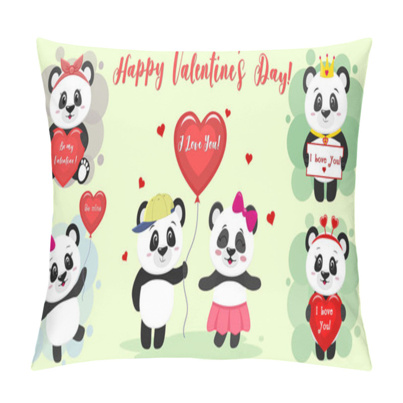 Personality  Happy Valentine S Day. Set Of Six Characters Cute Pandas In Various Poses And Accessories In A Cartoon Style. With A Red Heart, Balloon, Letter. Flat Design Vector Pillow Covers