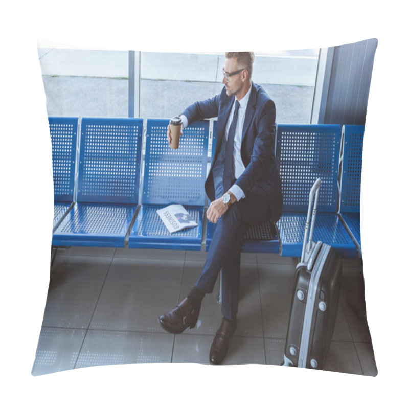 Personality  Businessman In Glasses Sitting Near Window With Newspaper And Coffee To Go In Airport Pillow Covers