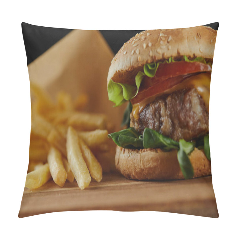 Personality  Selective Focus Of Delicious Burger With Meat And French Fries On Wooden Surface Pillow Covers