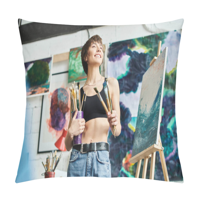 Personality  A Woman With A Paintbrush Stands Before A Painting. Pillow Covers