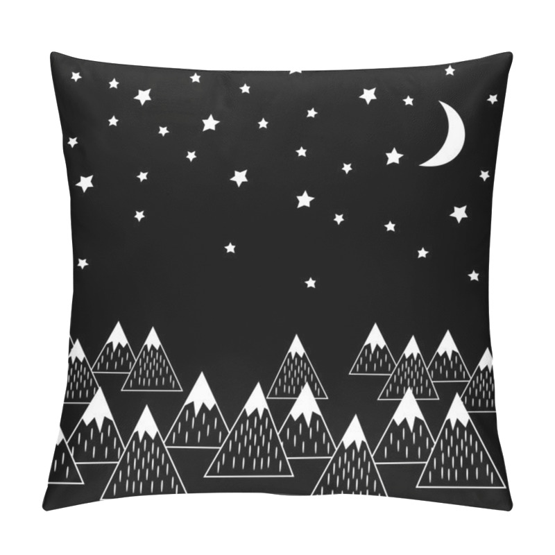 Personality  Night Vector Illustration With Geometric Snowy Mountains, Moon And Stars. Black And White Nature Print. Pillow Covers