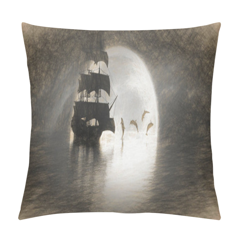 Personality  Ship Next To Dolphins On The Background Of The Moon, Pencil Sketch, Illustration Pillow Covers