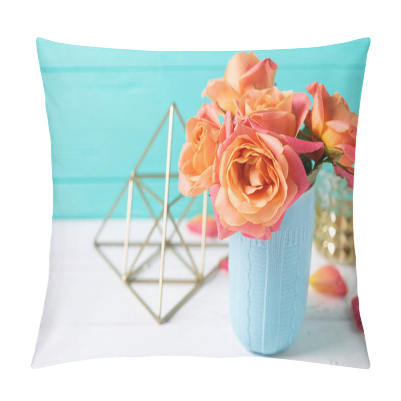 Personality  Bunch Of Fresh Orange Roses In Blue Cup On White Wooden Background Against  Turquoise  Wall. Place For Text. Floral Still Life. Pillow Covers