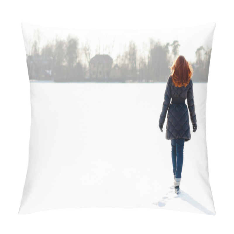 Personality  Pretty Girl Walking On Frozen Lake Pillow Covers