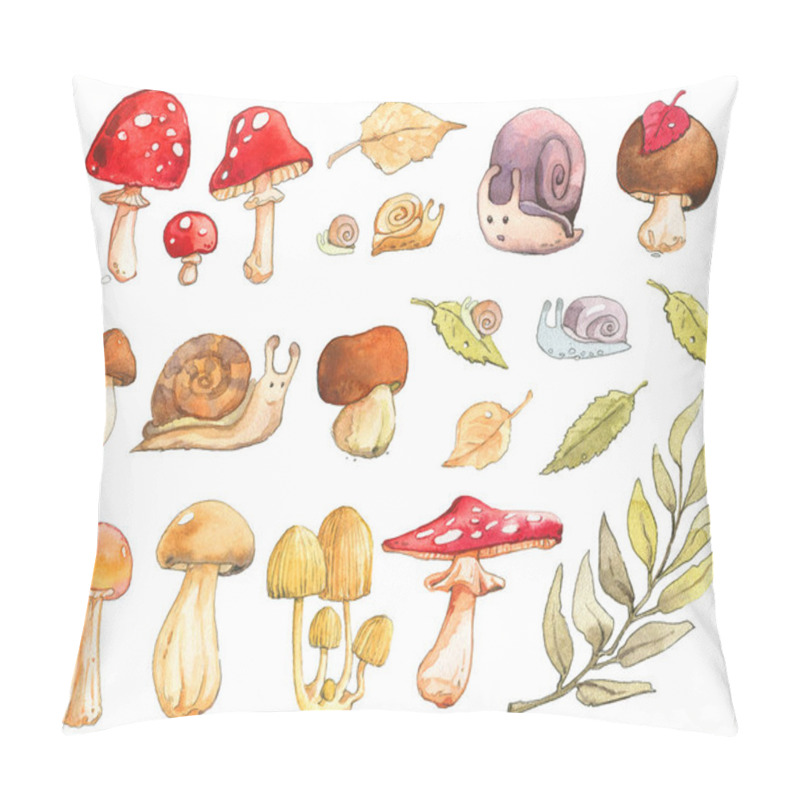 Personality  Mushroom Snail Willow Birch Leaf Cep Boletus Rough Fly Agaric Amanita Chanterelle Toadstool Russula Autumn Summer Forest Watercolor Set Isolated Pillow Covers